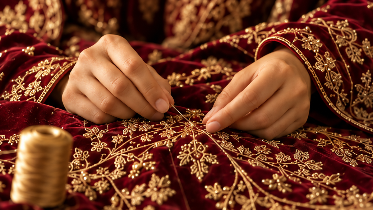 Hands finishing a burgundy embroidered Sabaayat Styles garment