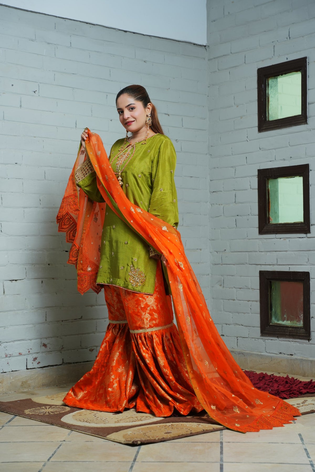 Green tassel silk shirt, orange Banarsi gharara and orange organza dupatta — view 3