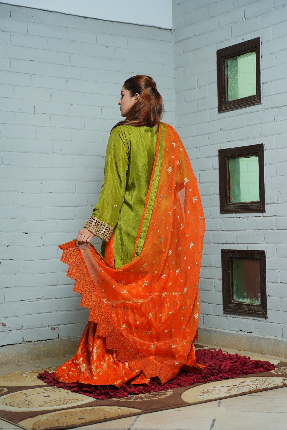 Green tassel silk shirt, orange Banarsi gharara and orange organza dupatta — view 10