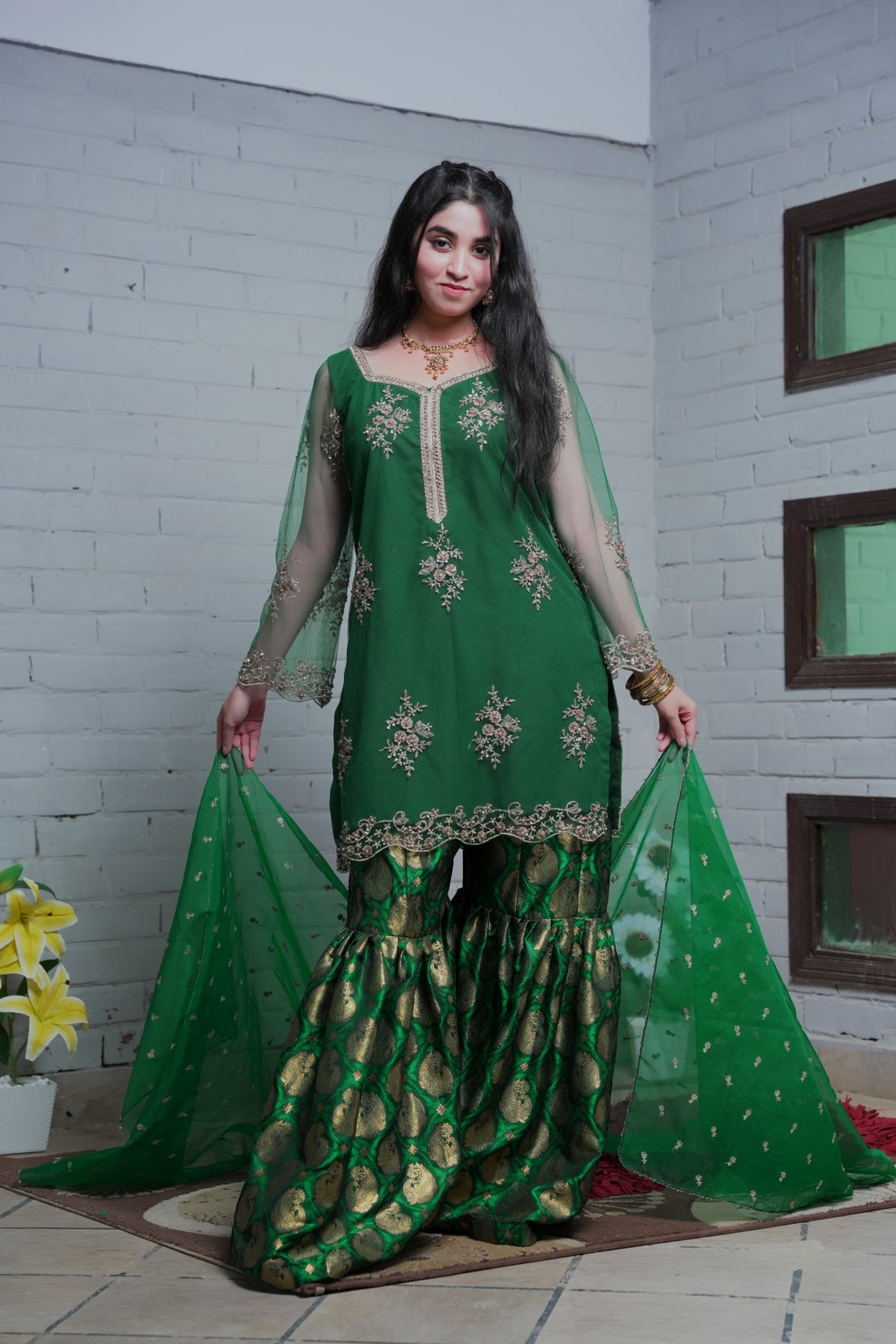 Front embroidery and Banarsi gharara detail