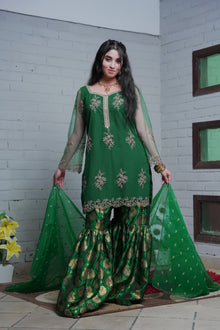 Front embroidery and Banarsi gharara detail