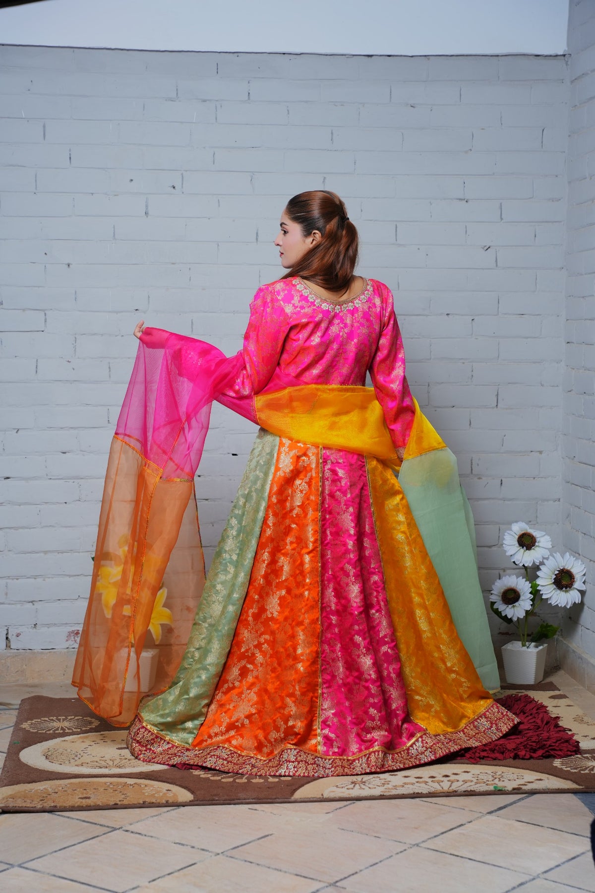 Full back view of multicolour ensemble