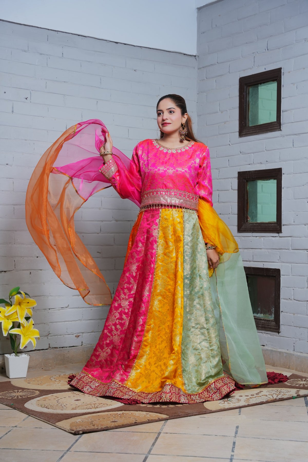 Organza dupatta shown with multicolour Banarsi lower