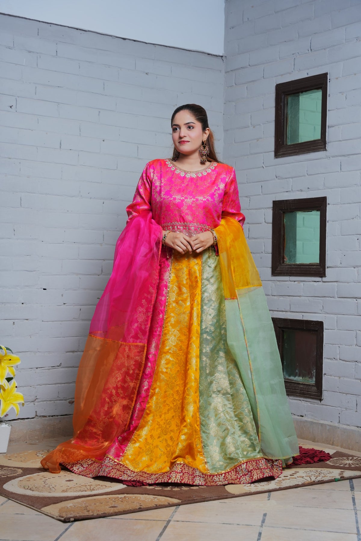 Full front view of pink shirt and multicolour Banarsi bridal ensemble
