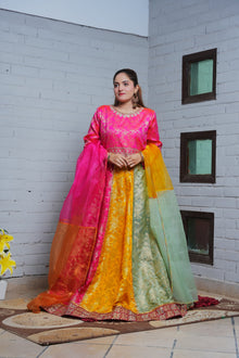 Full front view of pink shirt and multicolour Banarsi bridal ensemble