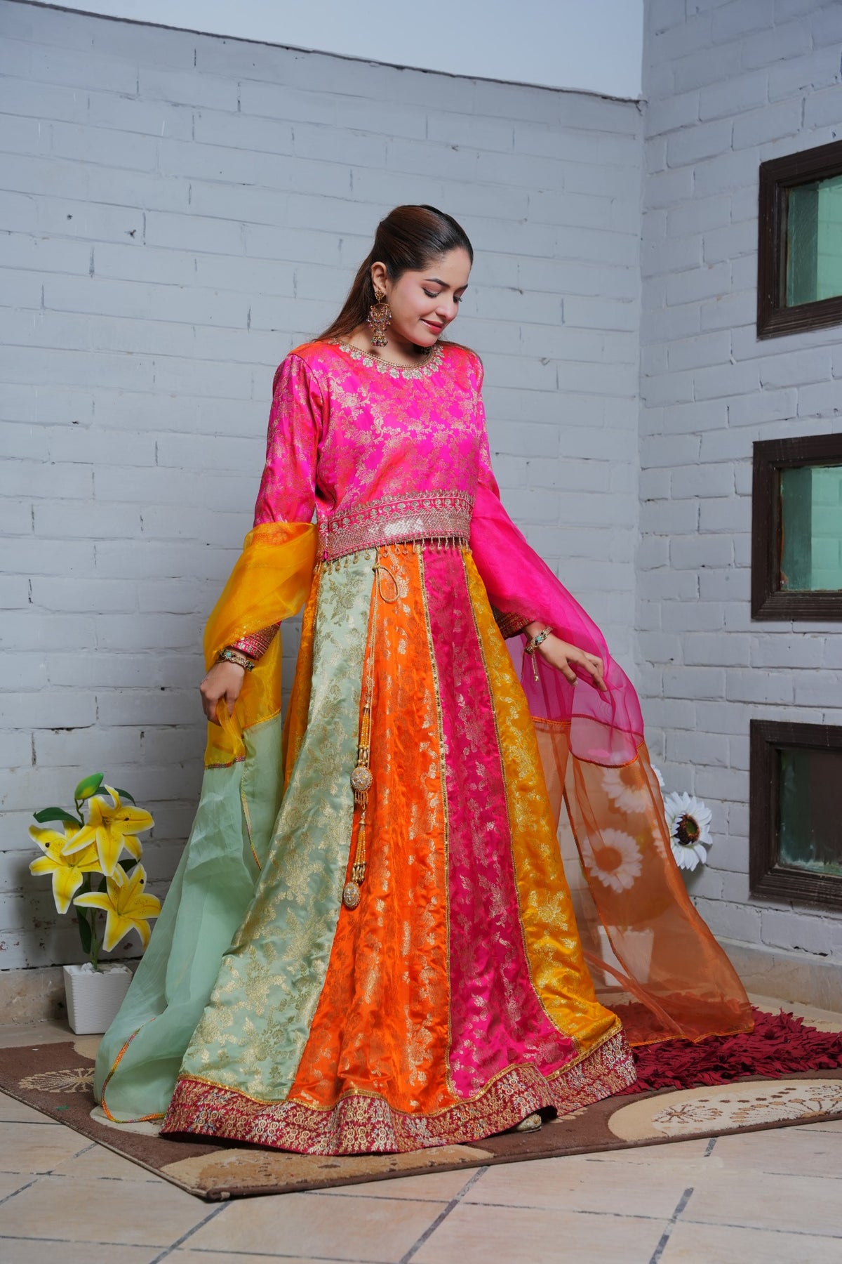 Banarsi colour panels and embroidered shirt detail
