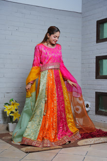 Banarsi colour panels and embroidered shirt detail