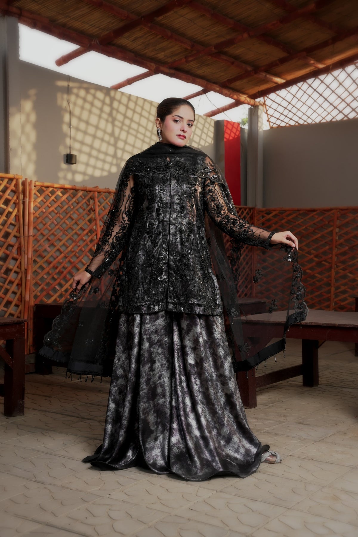 Urooj black embellished formal set — dupatta spread