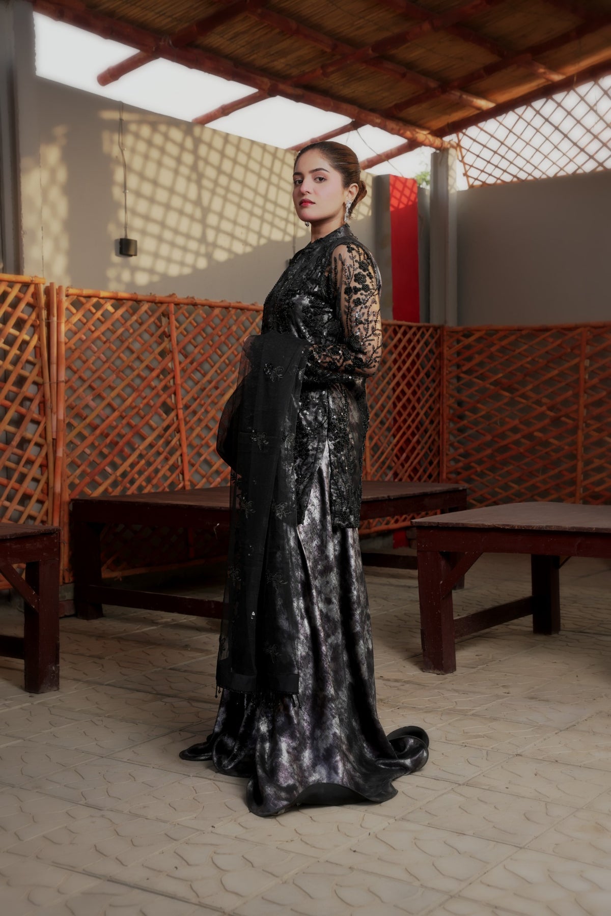 Urooj black embellished formal set — side silhouette