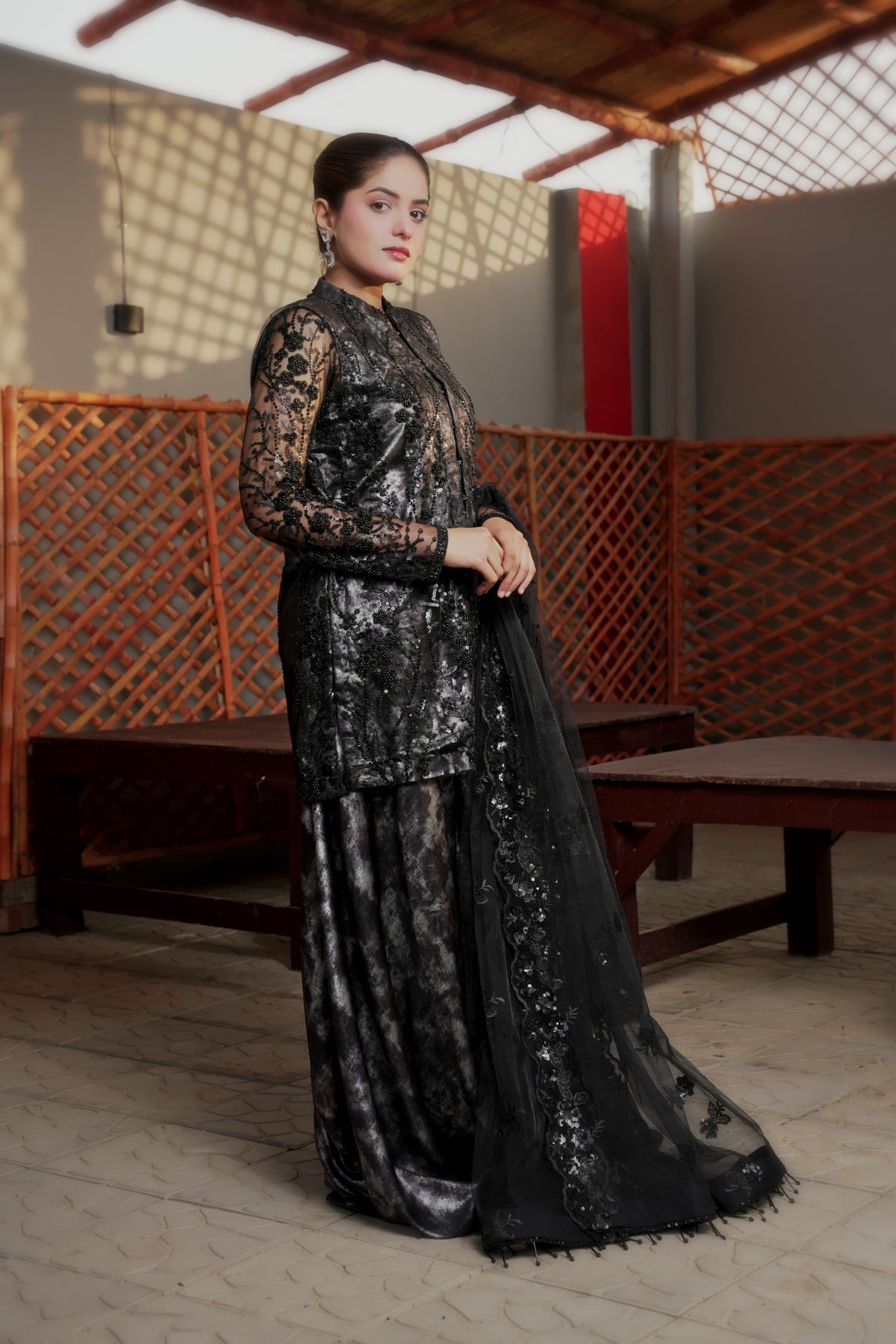 Urooj black embellished formal set — shirt and fabric detail