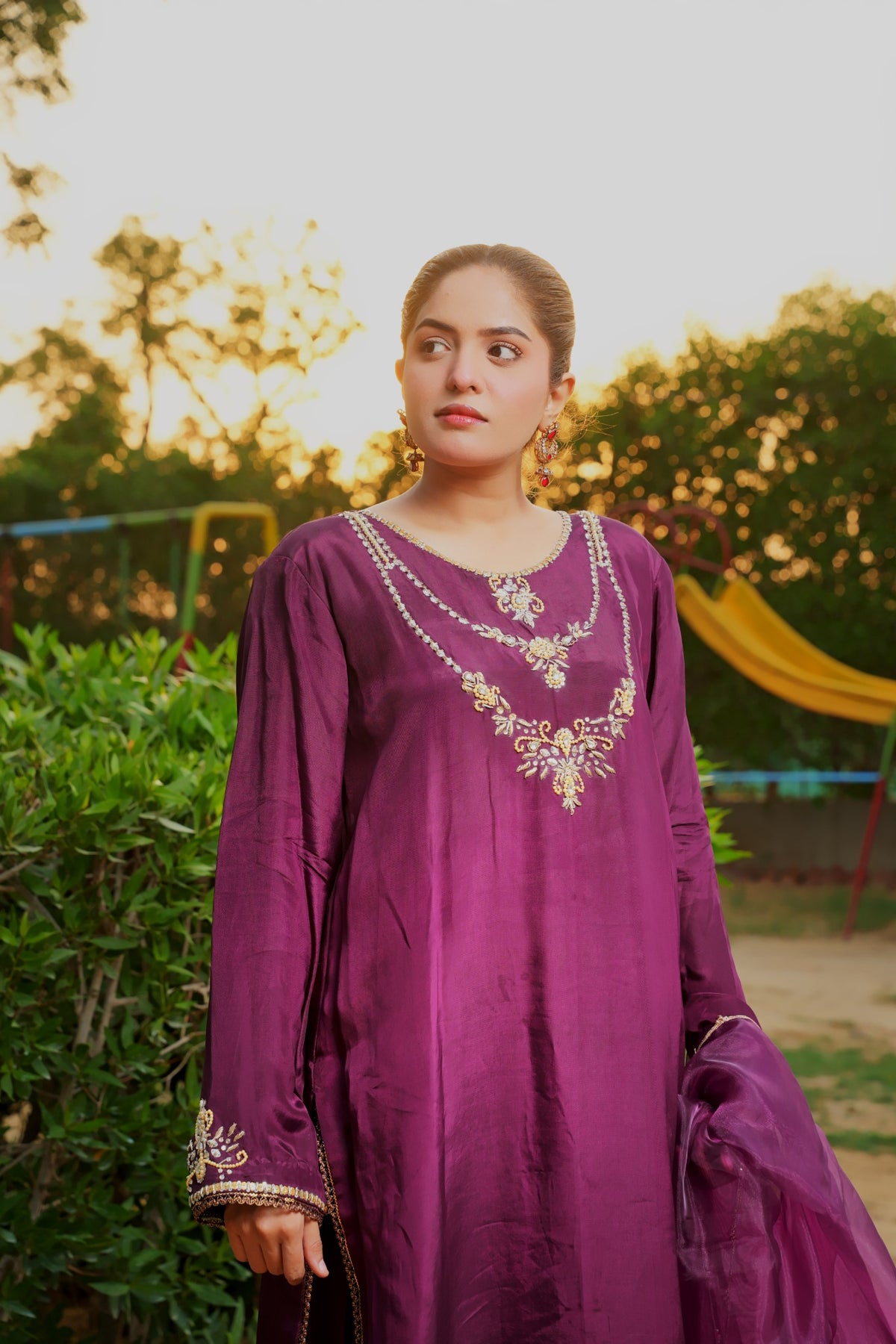 Urooj purple silk suit — neckline close view