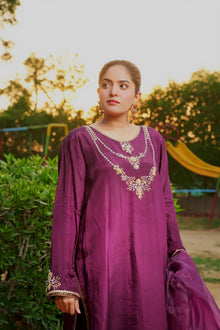 Urooj purple silk suit — neckline close view