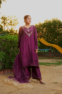 Urooj purple silk suit — angled outfit