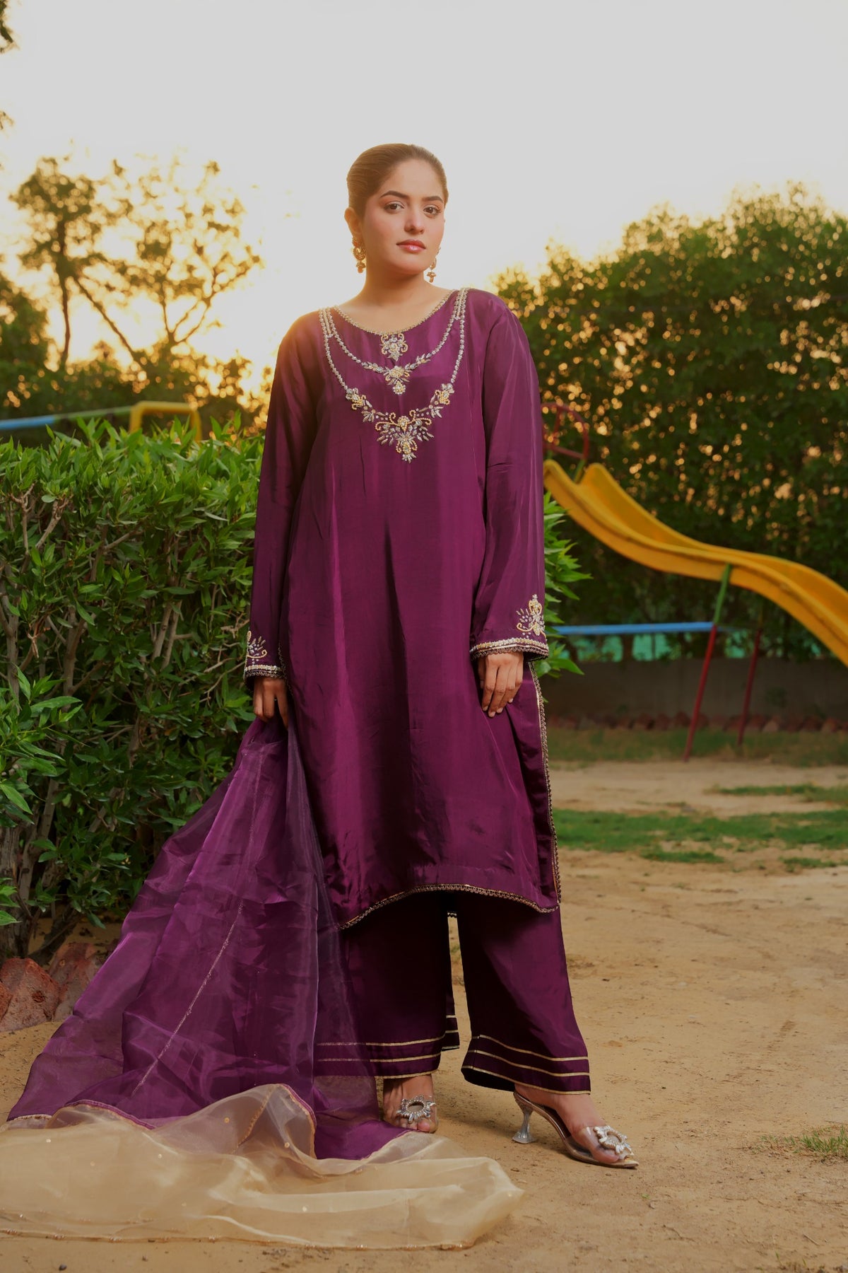 Urooj purple silk suit — full front