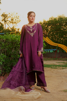 Urooj purple silk suit — full front