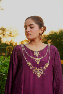 Urooj purple silk suit — embroidery detail