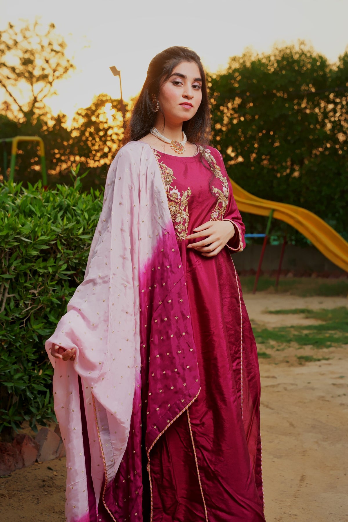 Fizza magenta embroidered straight shirt set — view 2