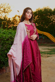 Fizza magenta embroidered straight shirt set — view 2