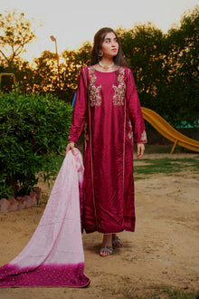 Fizza magenta embroidered straight shirt set — view 3