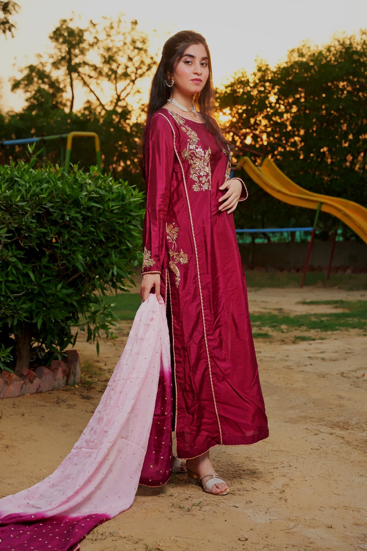 Fizza magenta embroidered straight shirt set — view 4