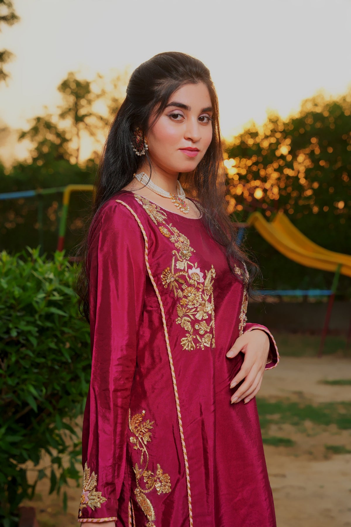 Fizza magenta embroidered straight shirt set — neckline detail