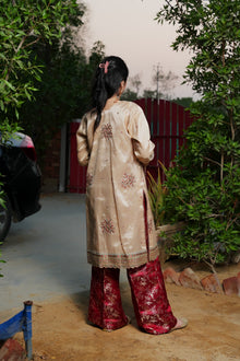 Golden and red embroidered outfit — back view