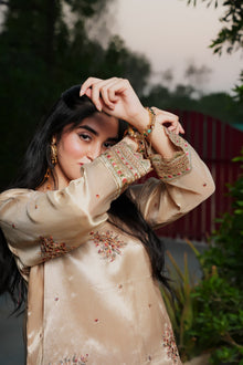 Golden and red embroidered outfit — sleeve embroidery detail