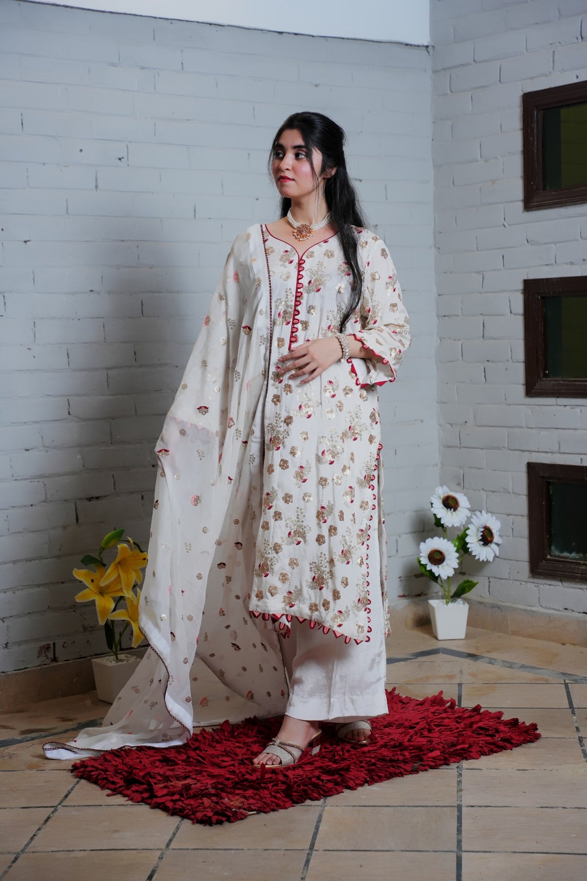 White and red embroidered suit — view 2