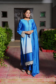 Blue double shade silk suit — view 2