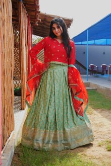Fizza red and ferozi Banarsi lehenga set — front view