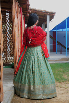 Fizza red and ferozi Banarsi lehenga set — back view
