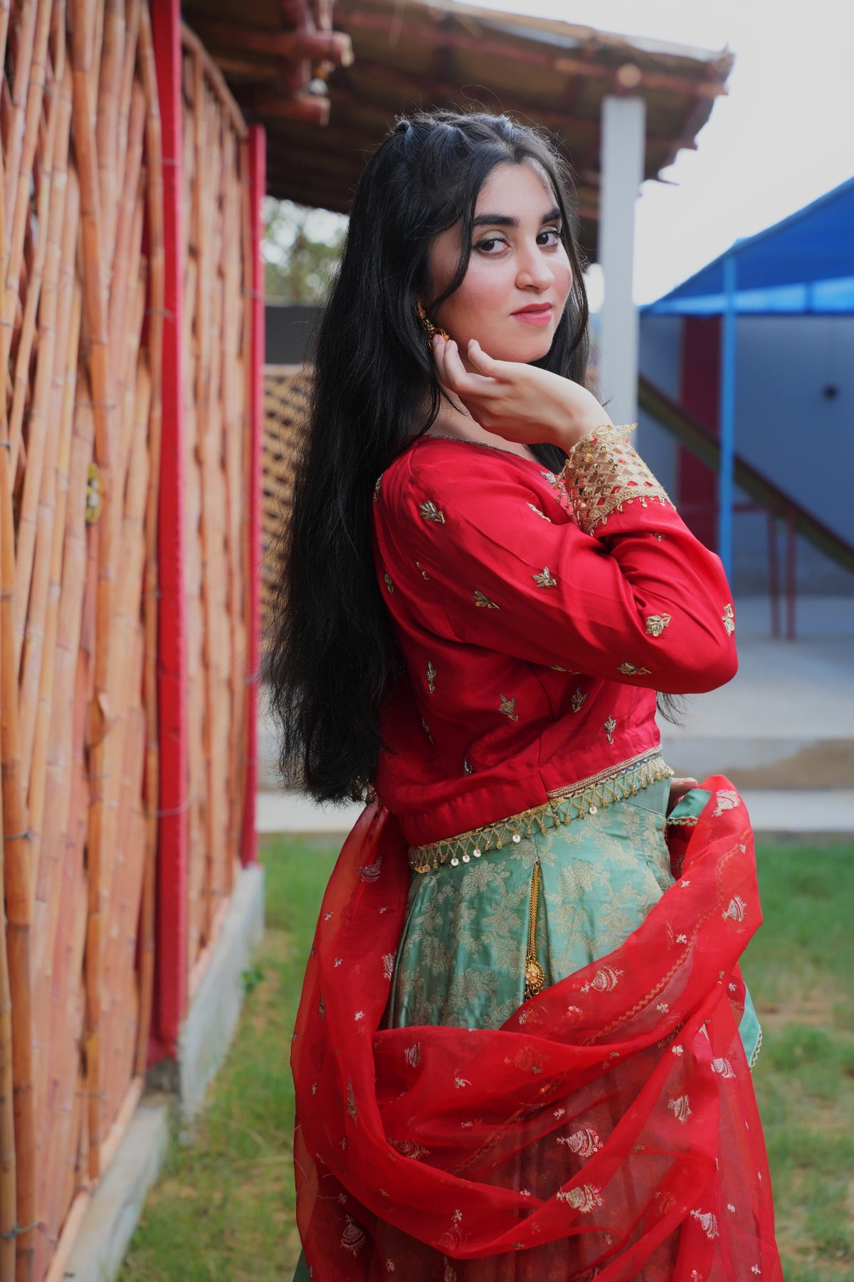 Fizza red and ferozi Banarsi lehenga set — detail view
