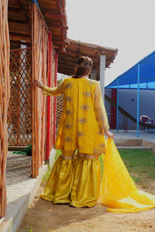 Urooj yellow net gown and Banarsi gharara set — full back