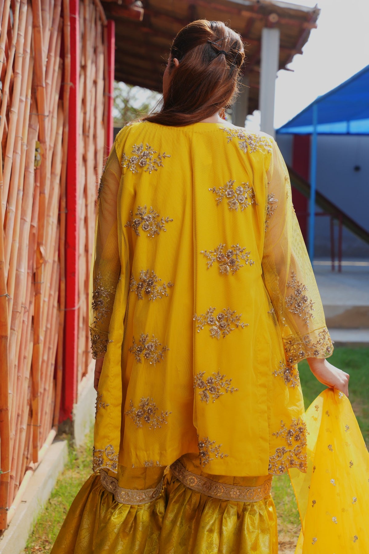 Urooj yellow net gown and Banarsi gharara set — back embroidery detail