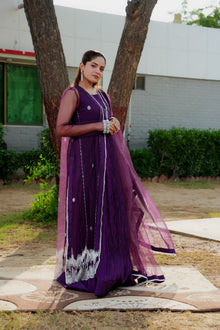 Urooj purple gown and crushed maxi — angled front
