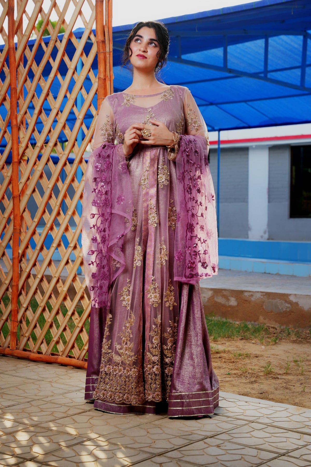 Fizza lavender embroidered net maxi — dupatta front