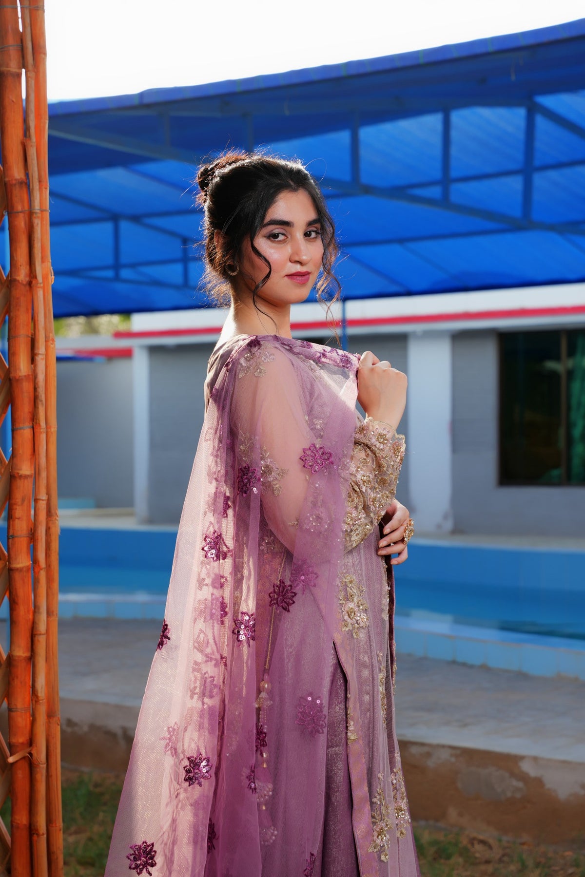 Fizza lavender embroidered net maxi — embroidery detail