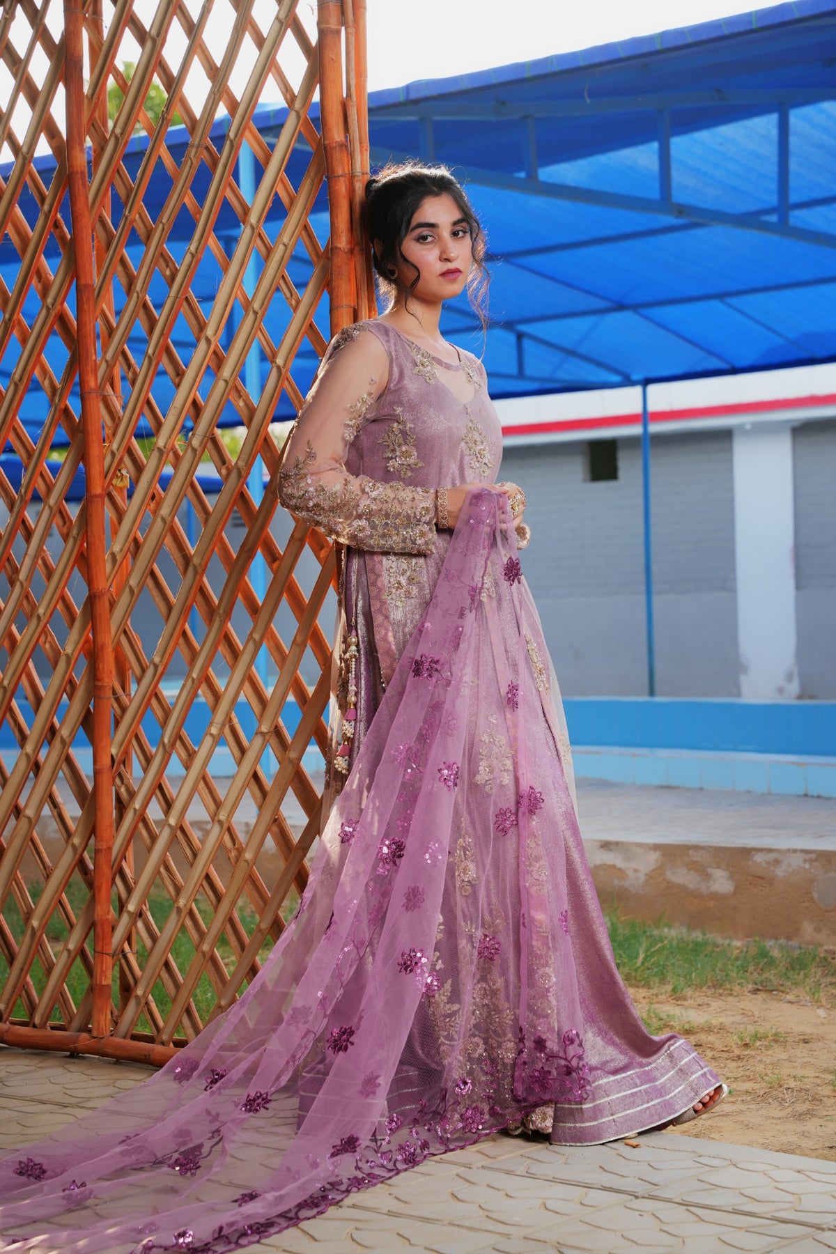 Fizza lavender embroidered net maxi — flowing side