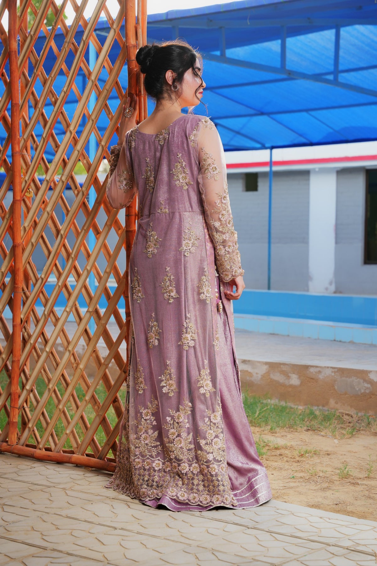 Fizza lavender embroidered net maxi — full back