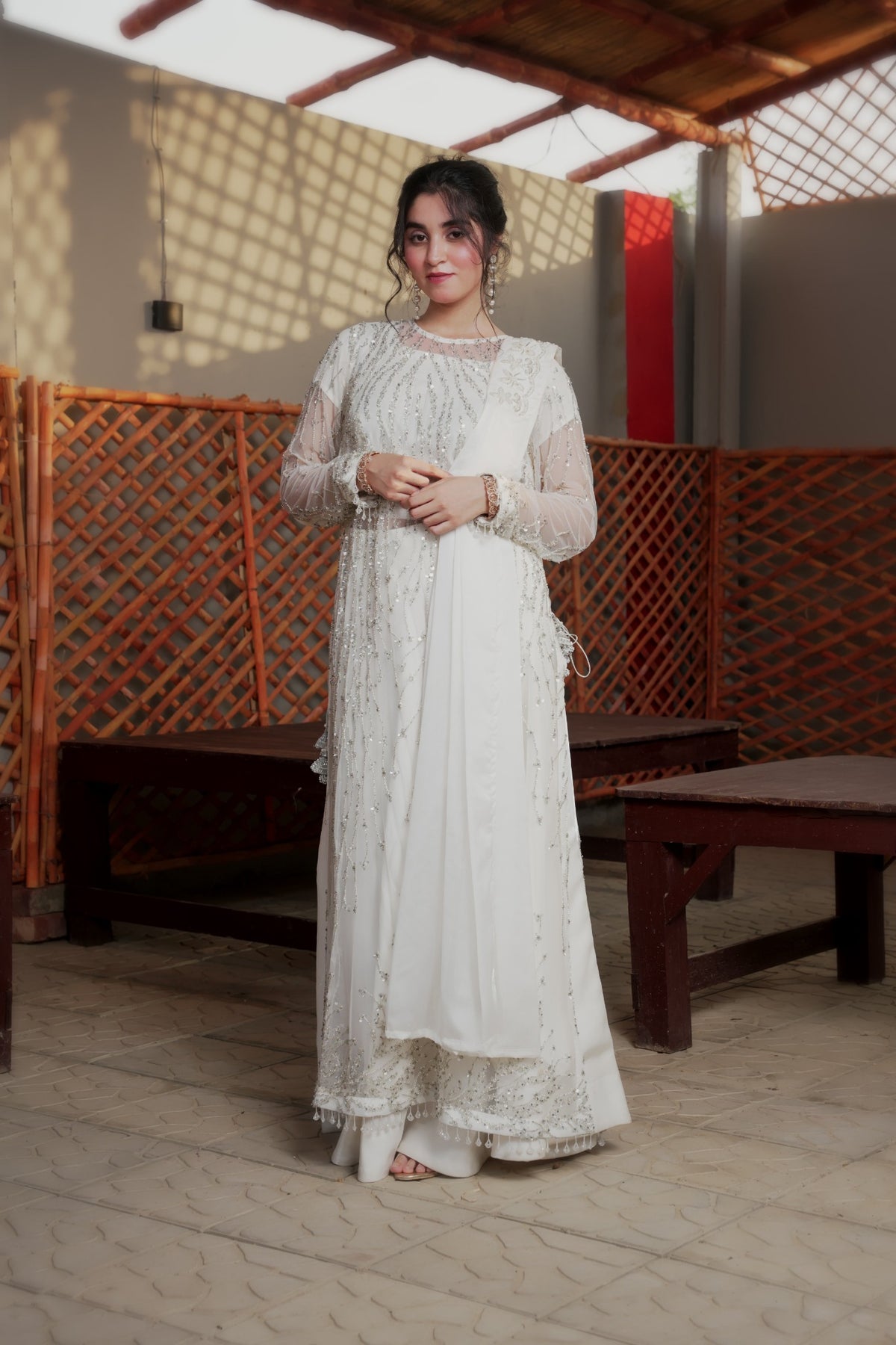 Fizza white embroidered net maxi — front with dupatta