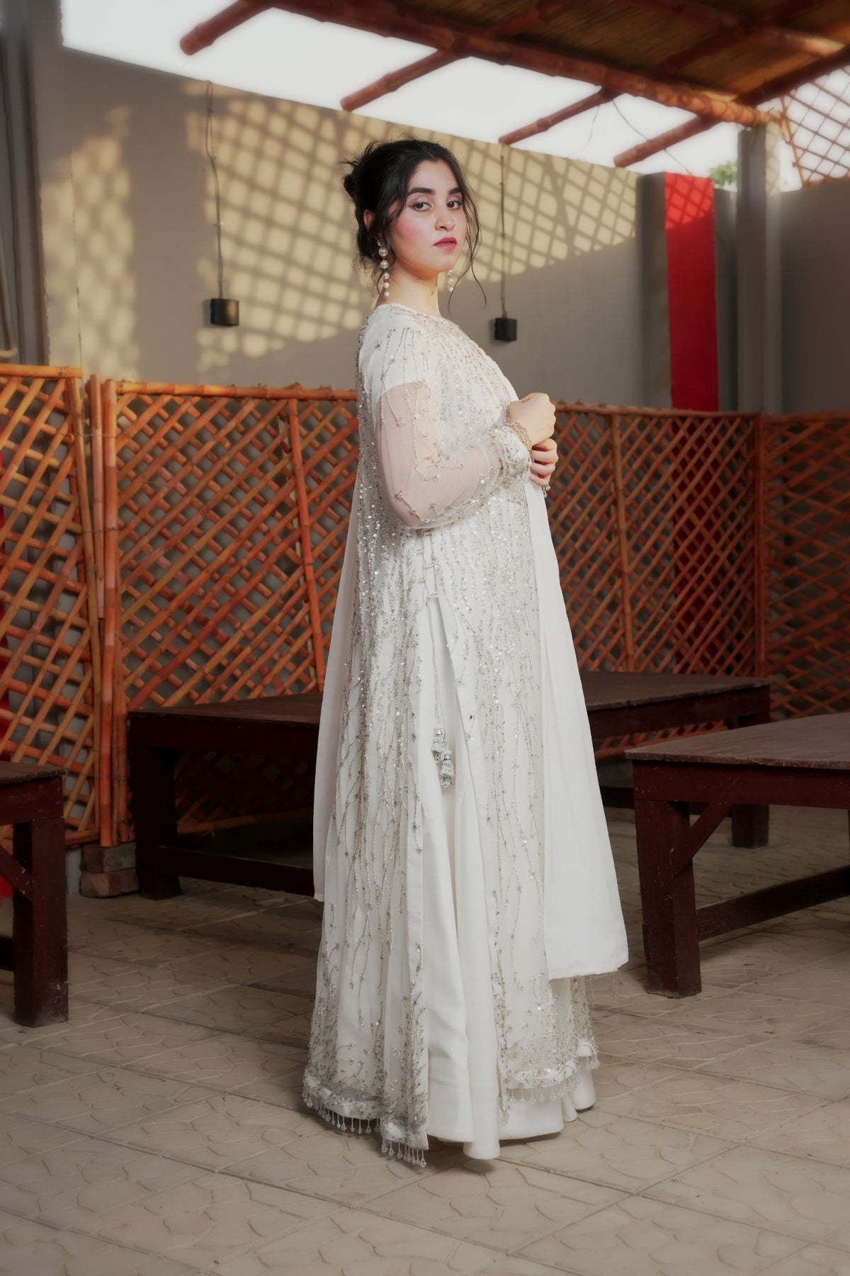 Fizza white embroidered net maxi — side silhouette