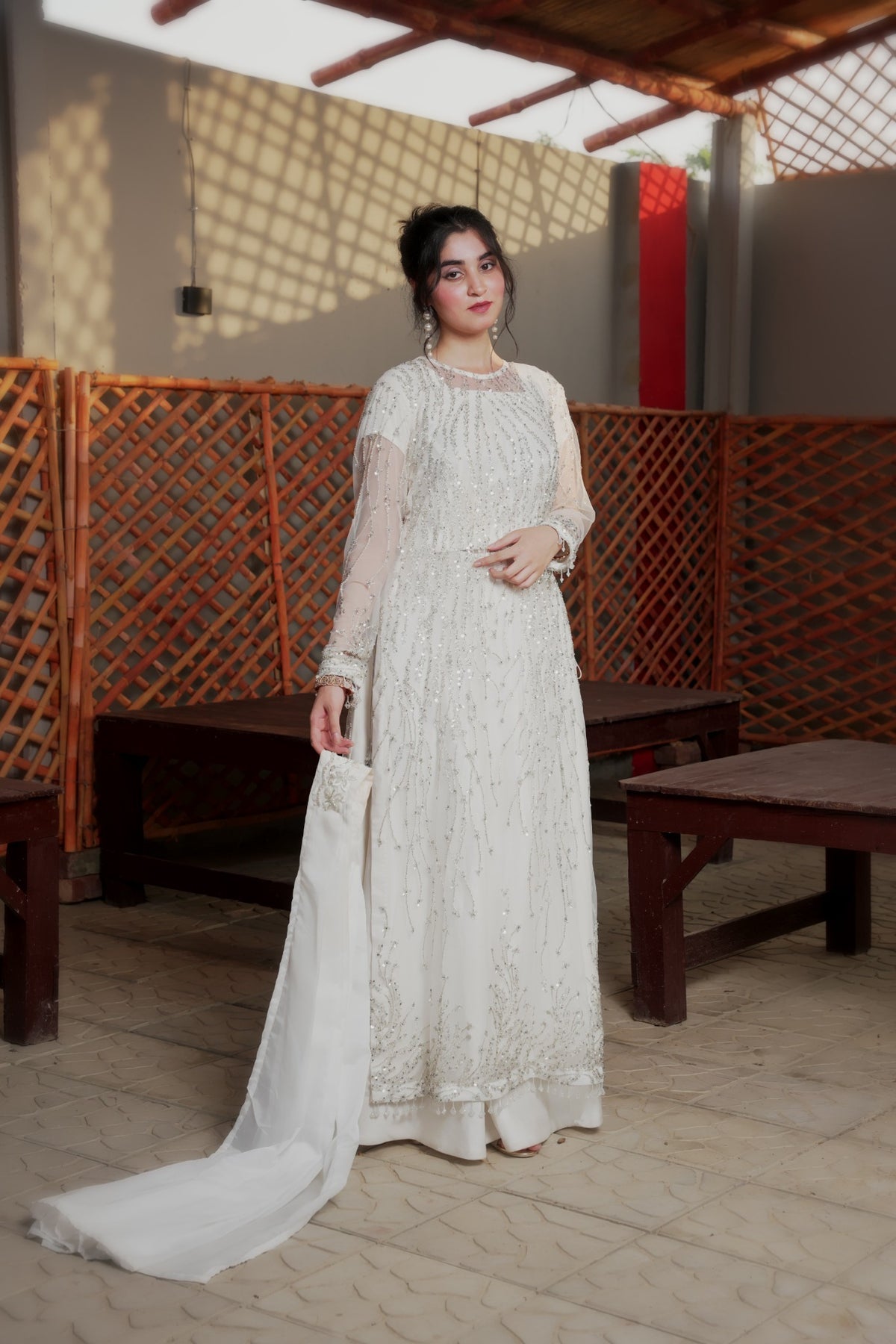 Fizza white embroidered net maxi — full front with dupatta spread