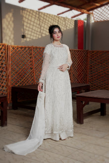 Fizza white embroidered net maxi — full front with dupatta spread
