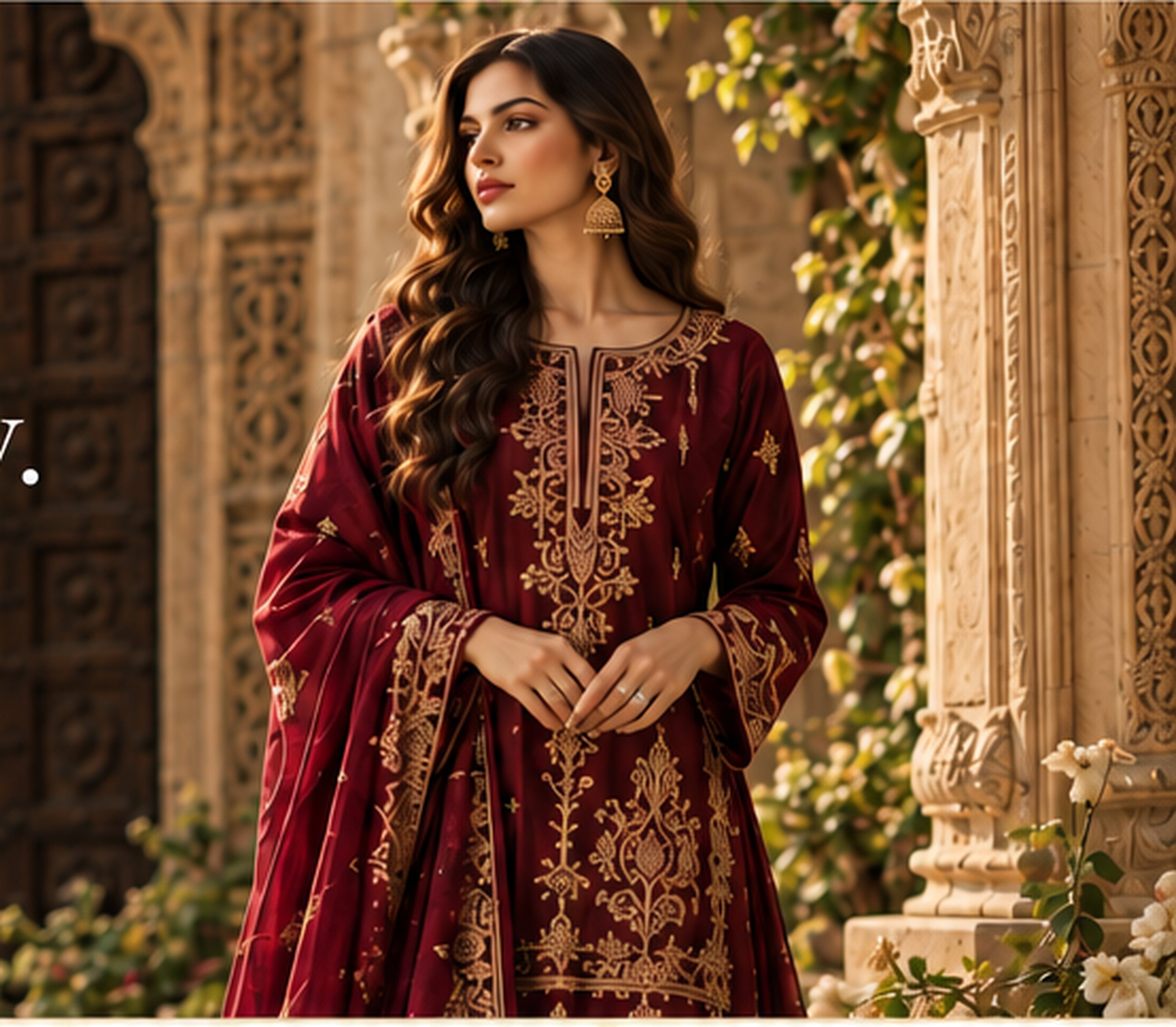 Burgundy embroidered Sabaayat Styles outfit in a heritage courtyard