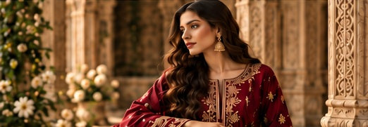 Burgundy Sabaayat Styles formalwear portrait in a heritage setting