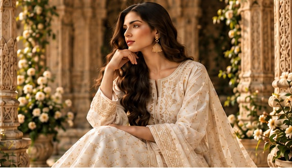 Sabaayat Styles ivory formalwear portrait in a heritage courtyard